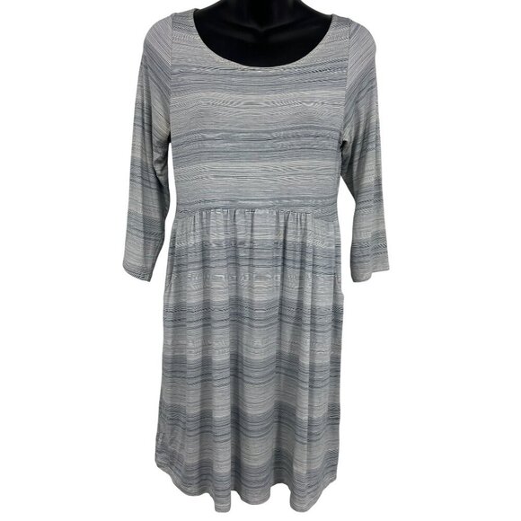Fighting Eel Dress Size Medium M Women Gray Stripe 3/4 Sleeve A-Line Rayon VGUC - Picture 1 of 10